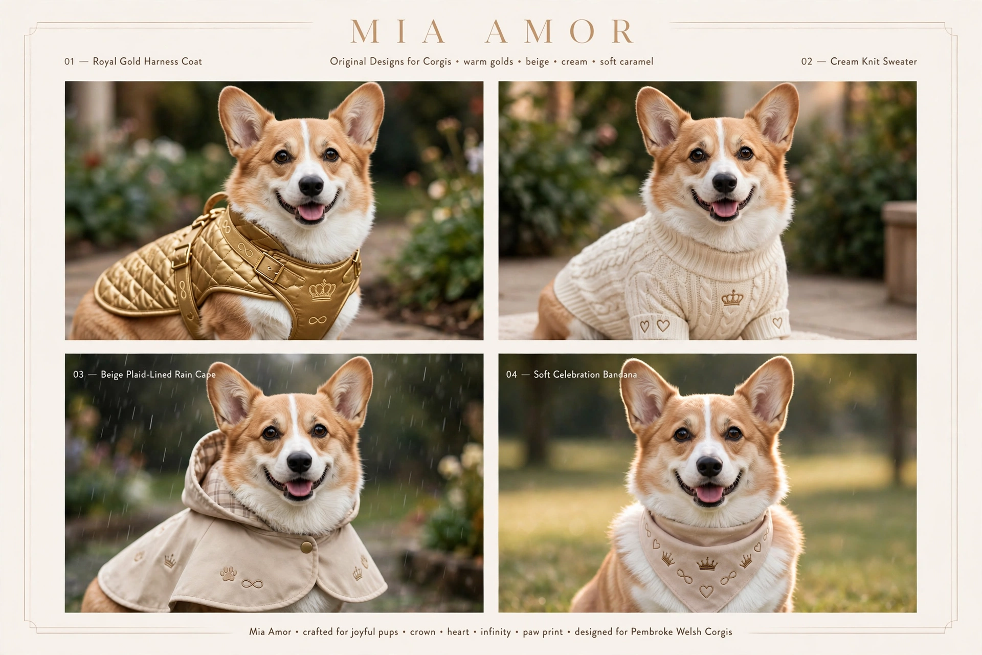 Mia modeling the first Mia Amor design concepts — Royal Gold Harness Coat, Cream Knit Sweater, Beige Plaid-Lined Rain Cape, and Soft Celebration Bandana